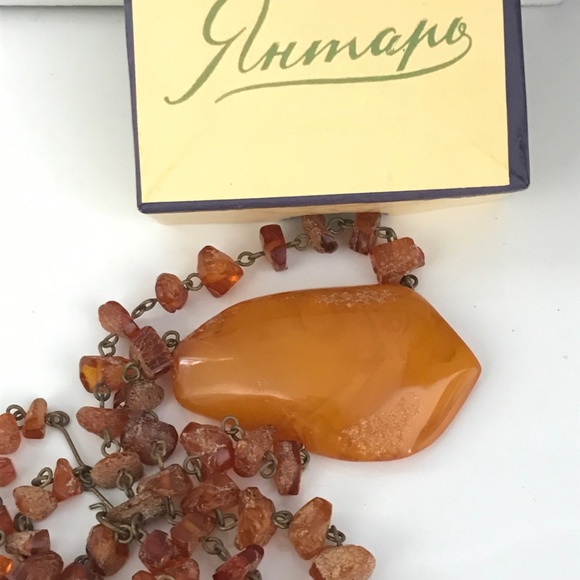 VINTAGE 37g BALTIC HONEY AMBER STONE PENDANT NECKLACE SOVIET USSR - Picture 10 of 11